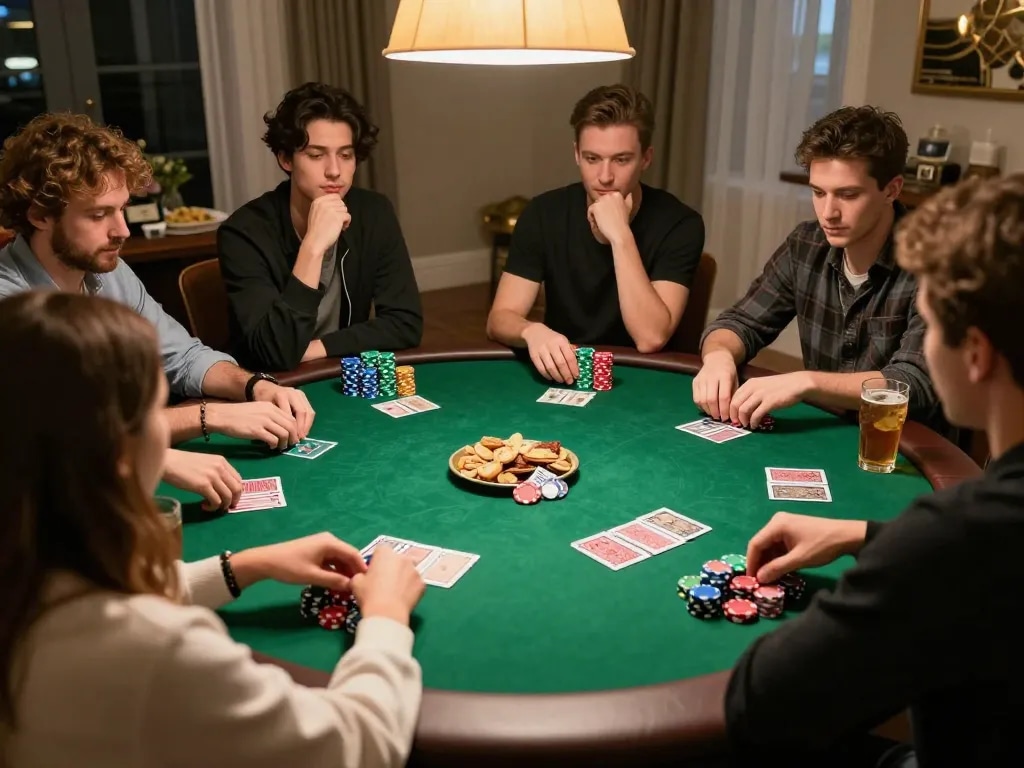 Friends enjoying an intense poker game at home, showcasing strategies and interactions in a lively atmosphere with MPO ID.