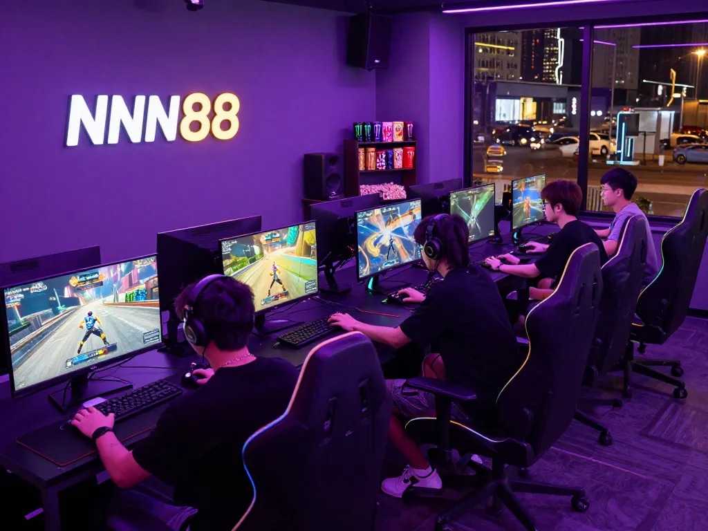 Exciting gaming scene with diverse players enjoying mantra88 multiplayer games in a vibrant neon-lit lounge