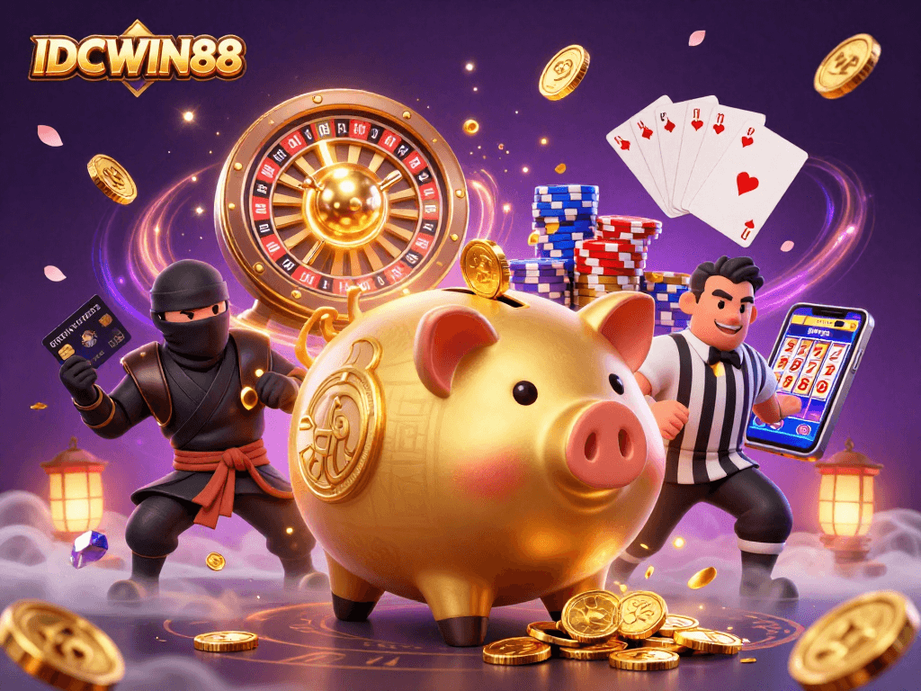 Experience the thrill of IDCWIN88 with captivating casino action featuring a golden piggy bank sumo wrestler.