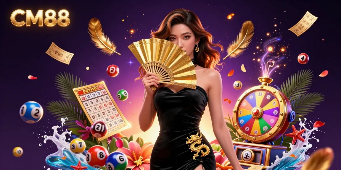 Experience an exciting moment at CM88 with a captivating Asian woman amidst dynamic lottery elements.