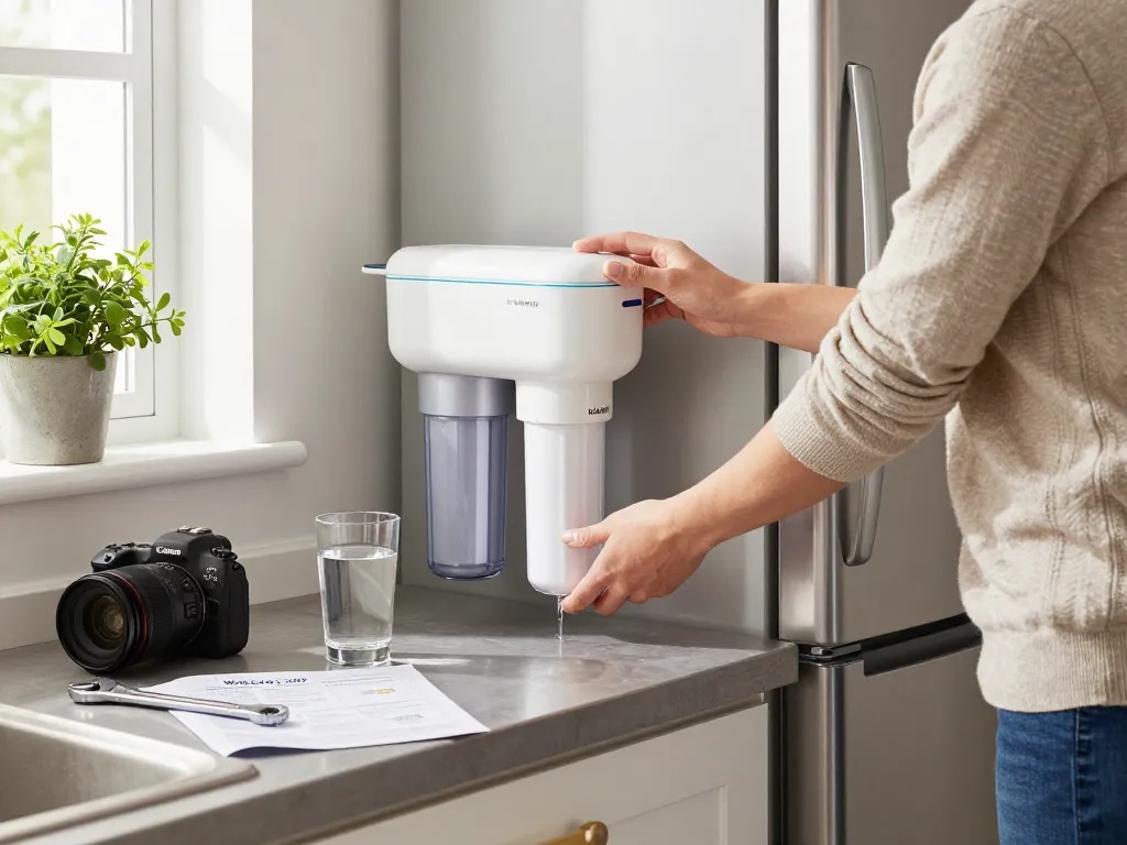 Installing the Waterdrop XWF Refrigerator Water Filter in a modern kitchen for clean drinking water.
