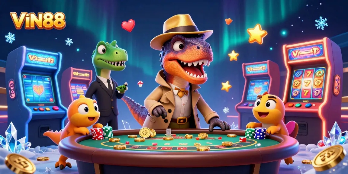 VIN88 velociraptor card counter at a blackjack table surrounded by vibrant casino elements and slot themes.