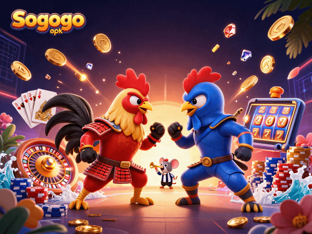 Experience the thrill of cockfighting with Sogogo apk as twin roosters battle amidst golden coins and dynamic casino elements.