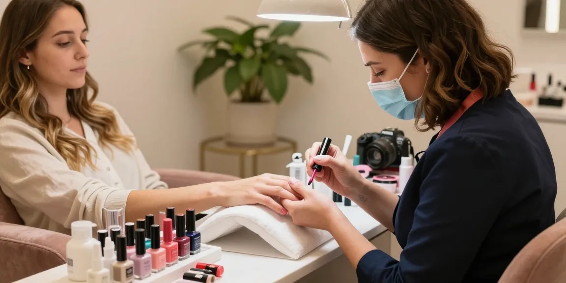 Paradise Nail Beauty technician applying vibrant nail polish to a client's hands in a serene setting.