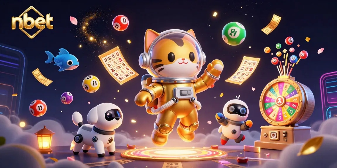 Engage with nbet's vibrant lottery universe, featuring dynamic characters in a cosmic setting.