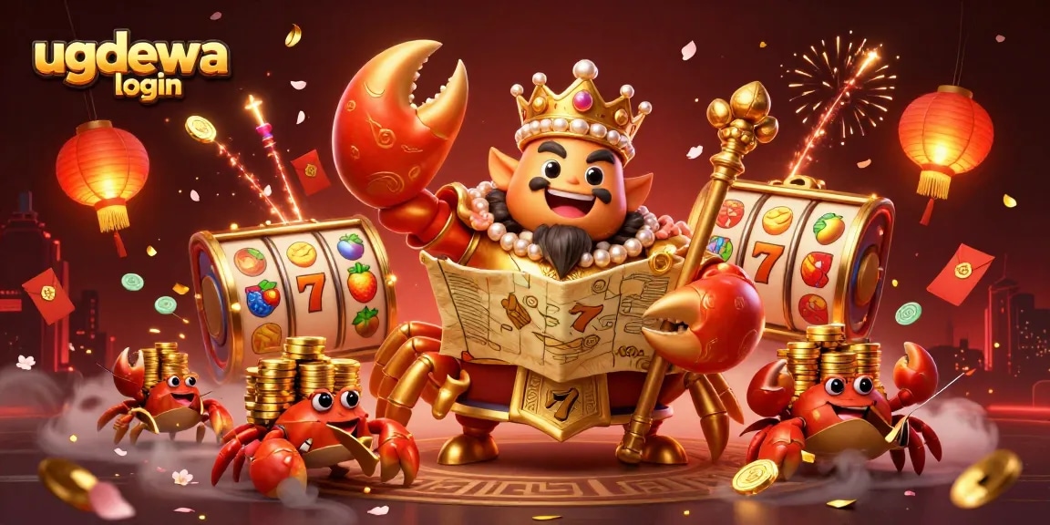 Experience the vibrant world of ugdewa login casino gaming with a regal golden crab emperor amidst slot reels and festive elements.