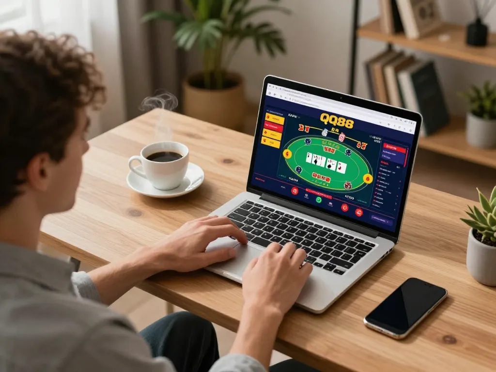 Person engaging in an online QQ88 poker game on a laptop, showcasing a cozy gaming space.