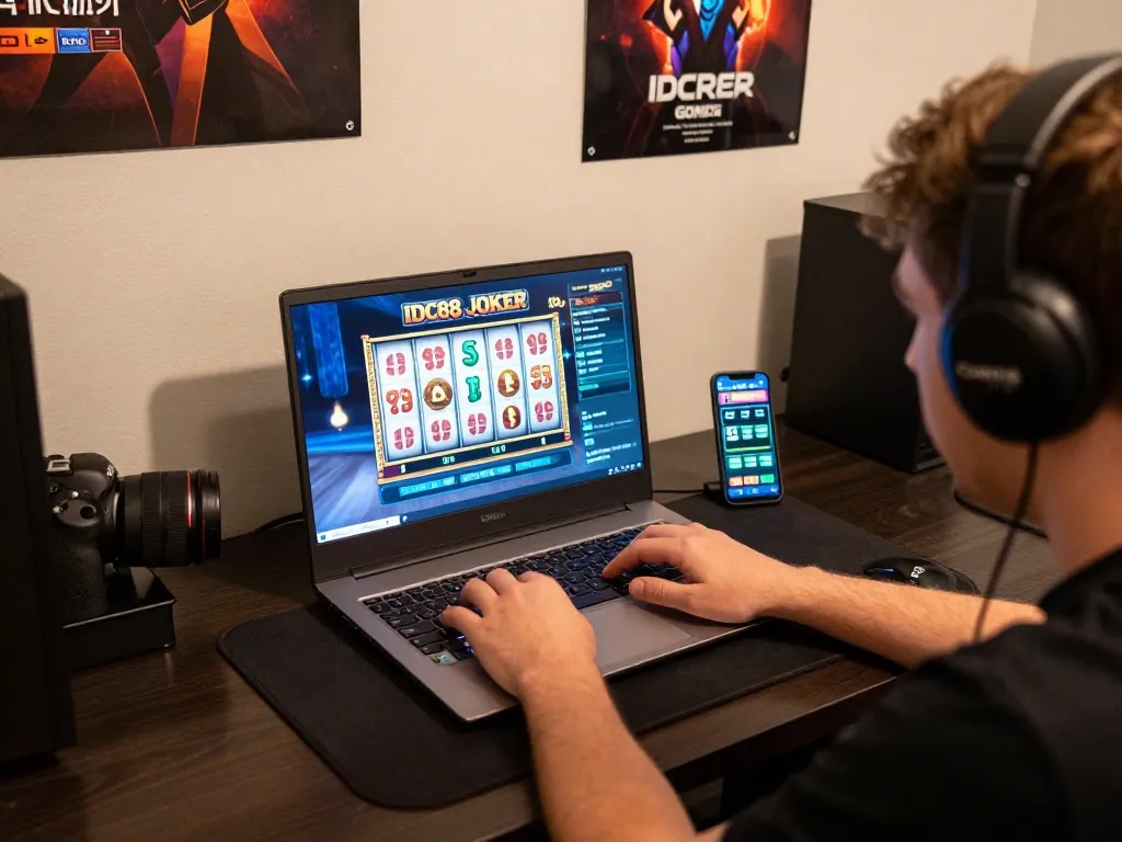 Engaging in IDC88 JOKER gaming with vibrant online setup, showcasing exciting gameplay