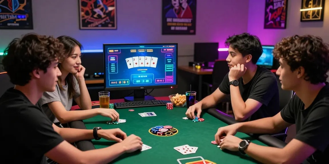 Exciting scene of friends playing Game Poker Uang Asli Dominobet online, engaging with vibrant visuals, snacks, and a cozy gaming atmosphere.