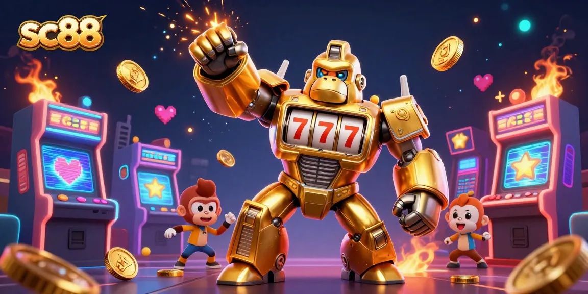 Win big with sc88 in a vibrant 3D casino environment featuring a golden gorilla mech.