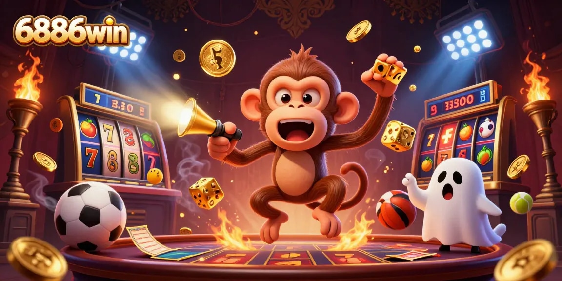 Engage with 6886win slot games featuring a mischievous monkey and a curious puppy in a vibrant casino scene.