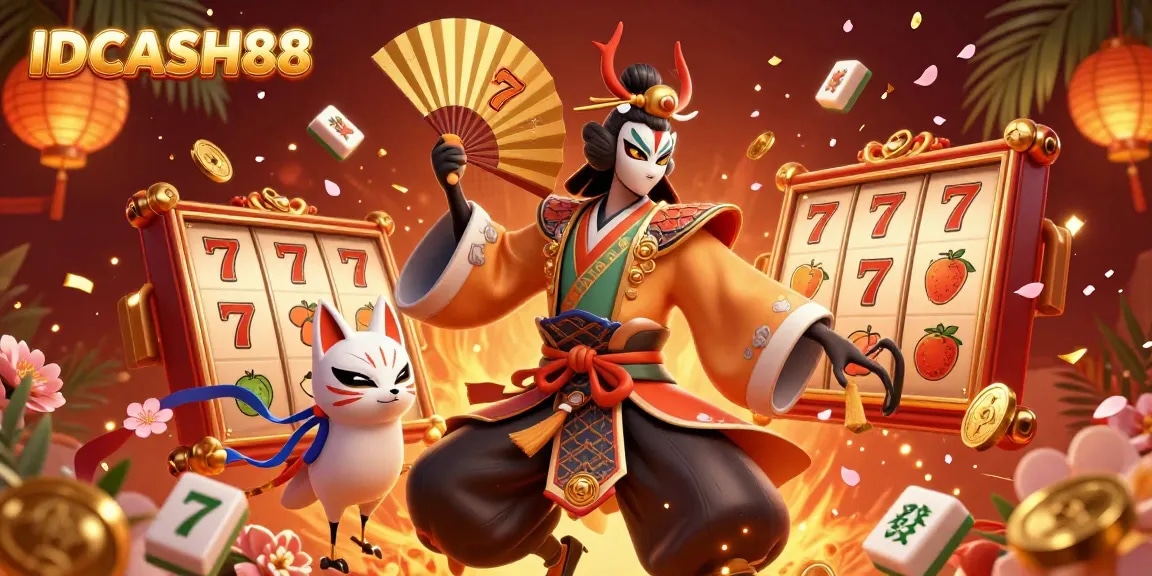 Play exciting slots at IDCASH88 with vibrant kabuki warriors and magical spirits in this immersive casino illustration.