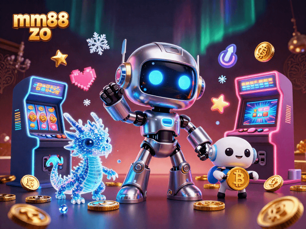 Engage with mm88 zo's thrilling slots as a cyberpunk mascot meets interactive gaming elements.
