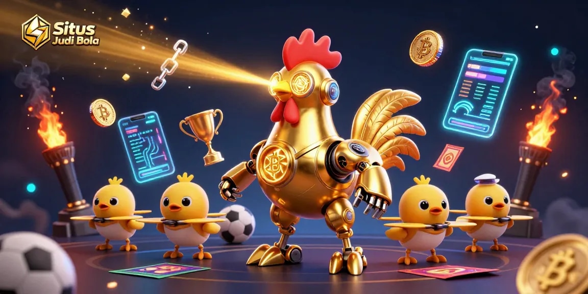 Situs Judi Bola engaging illustration with a futuristic rooster robot and baby chick drones amidst sports betting elements.