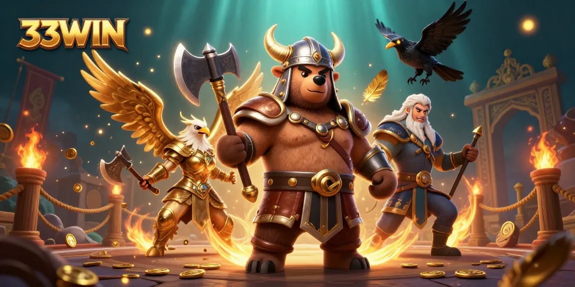 33WIN gaming action scene with Viking bear and Valkyrie eagle in a vibrant online casino experience