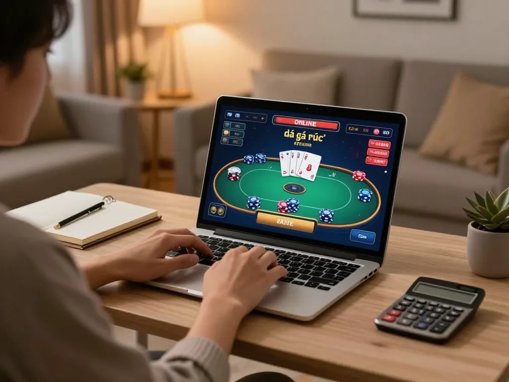 Engaging in đá gà trực tuyến betting on a laptop, showcasing strategic planning and gameplay.