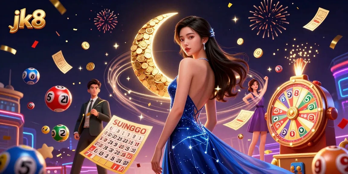 Experience the excitement of jk8 lottery with vibrant balls and a golden prize wheel in a festive 3D illustration.