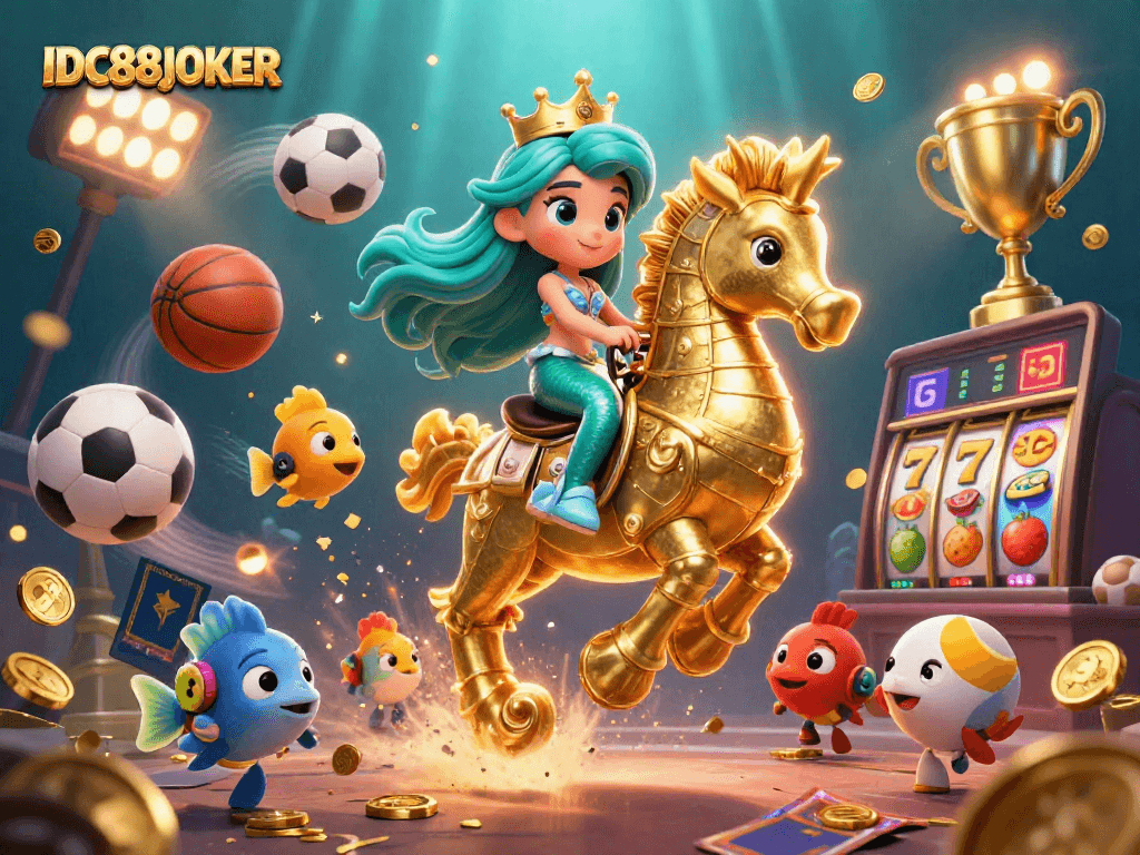 Experience thrilling gameplay at IDC88JOKER with colorful characters amidst dynamic sports and casino elements.