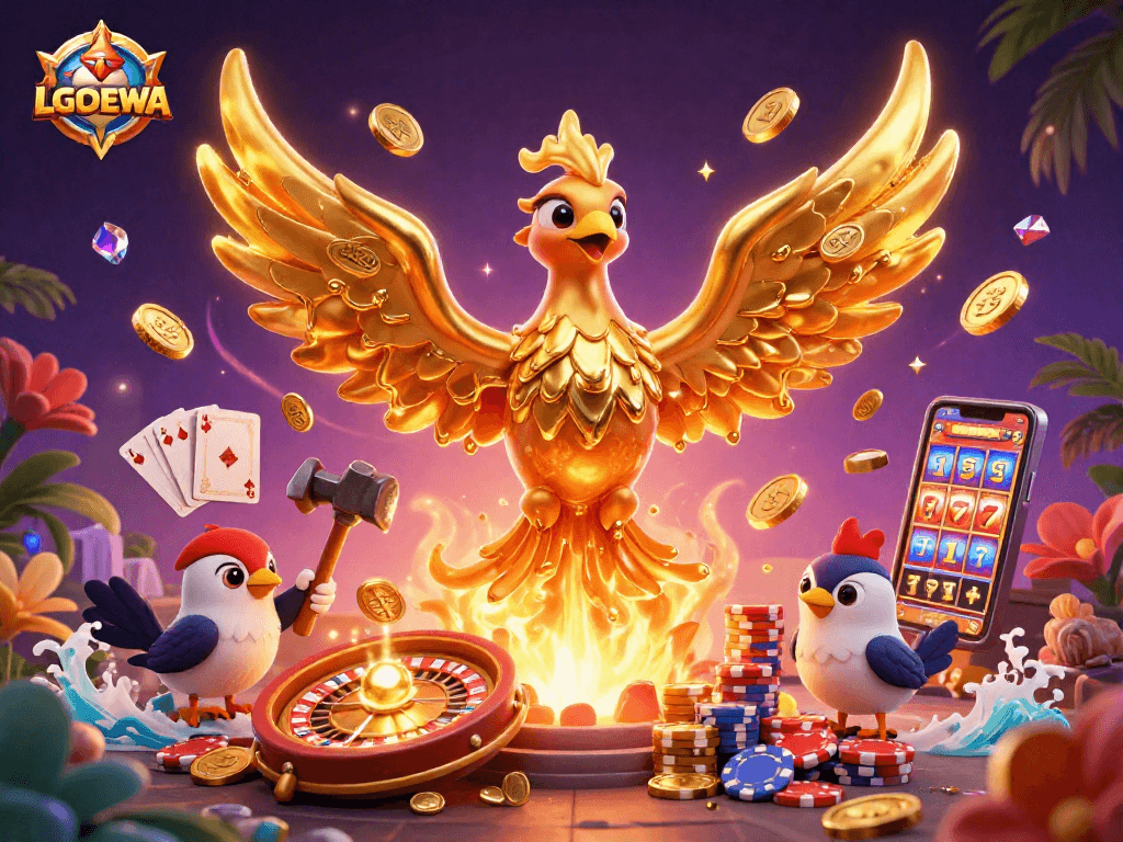 Experience the excitement of LGODEWA with a dazzling 3D gold phoenix and casino elements.