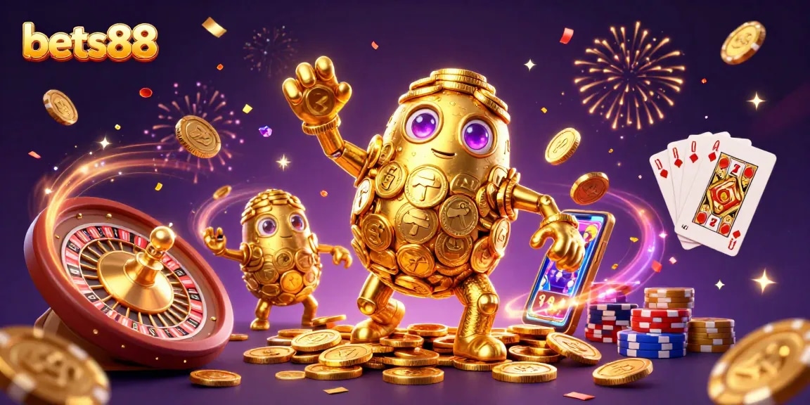 Experience the excitement of bets88 with a stunning 3D casino illustration featuring golden golems and gaming elements.