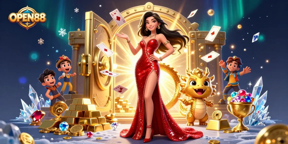 OPEN88 invites players into a vibrant casino realm featuring an enchanting lady, golden dragon, and thrilling gaming elements.