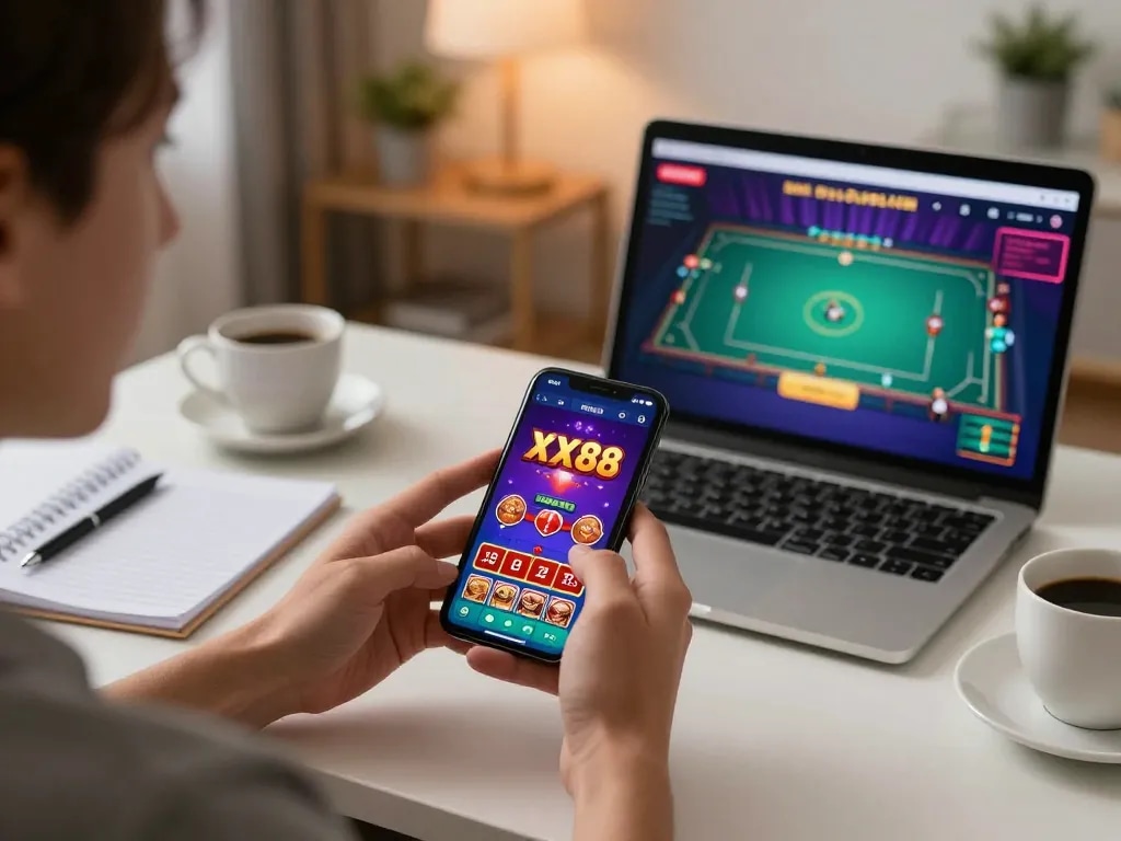 Person engaging with the XX88 casino app on smartphone showcasing the excitement of online gaming.