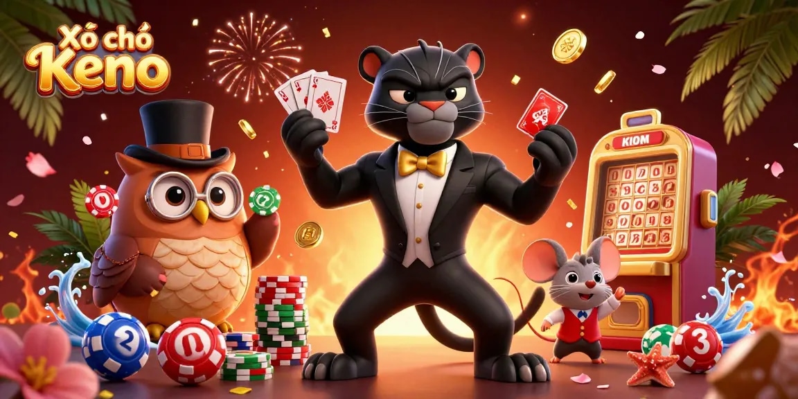 Xổ số Keno winners celebrate with colorful lottery elements and playful characters.