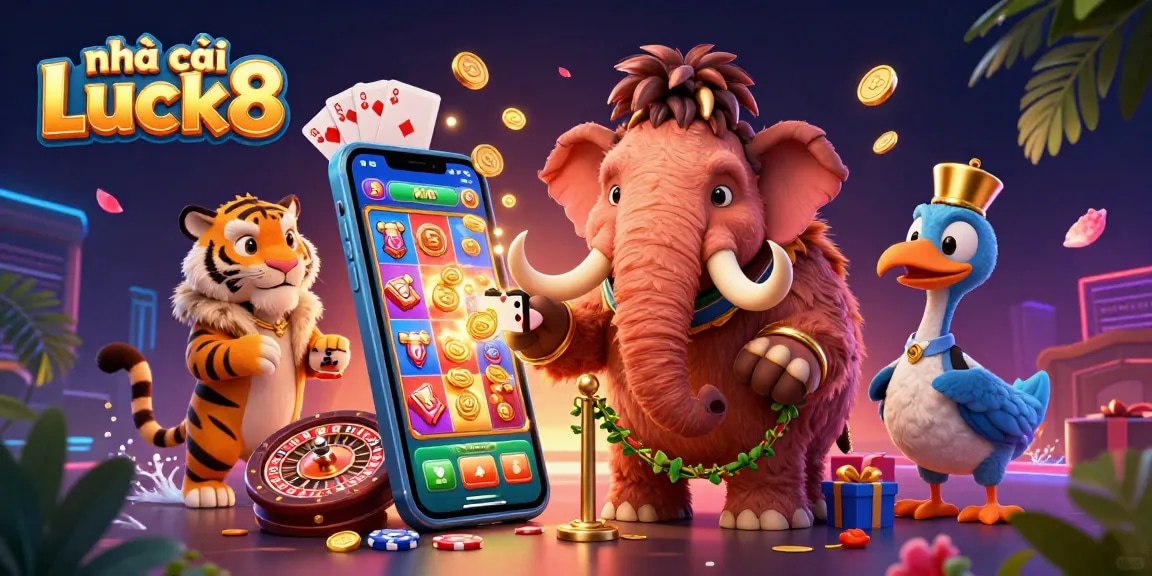 Experience exciting gameplay at nhà cái Luck8 with a vibrant casino bouncer scene featuring slot machines and poker elements.