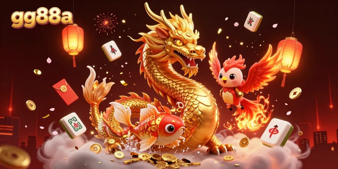 Experience thrilling gameplay at gg88a with a dragon, phoenix, and koi fish amidst casino excitement.