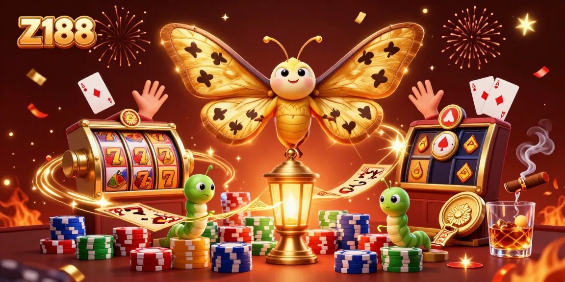 Experience thrilling action at Z188 with a dynamic casino scene featuring golden moths and vivid slot reels.