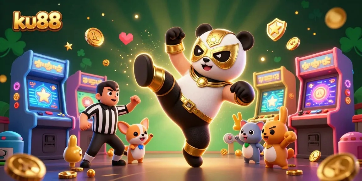 ku88 showcases a thrilling casino scene with a panda wrestler kicking, surrounded by arcade games.