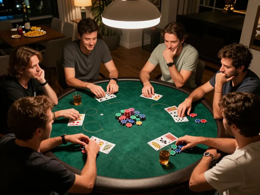 Engaged players at home poker night showcasing teamwork and strategy as they enjoy vegasslot77-inspired game experience