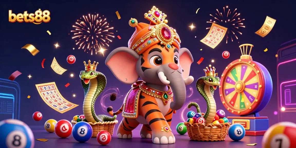 Play exciting games at bets88 with colorful lottery balls and a vibrant tiger scene.