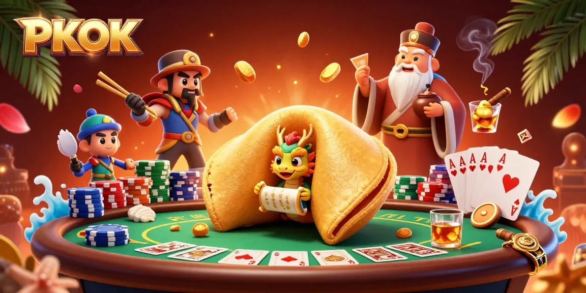 Win big with PKOK in this vibrant casino scene featuring a wise dragon and poker elements!