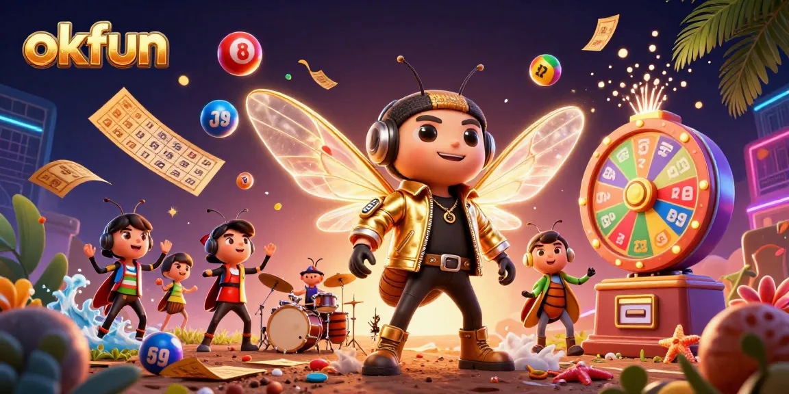 Join the fun with okfun and experience vibrant lottery elements alongside dynamic gaming characters.
