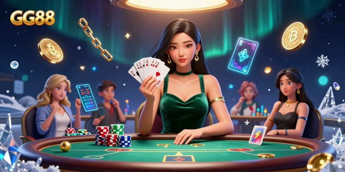 Play at GG88, where a beautiful Asian woman engages in a high-stakes poker game, surrounded by vibrant casino elements.