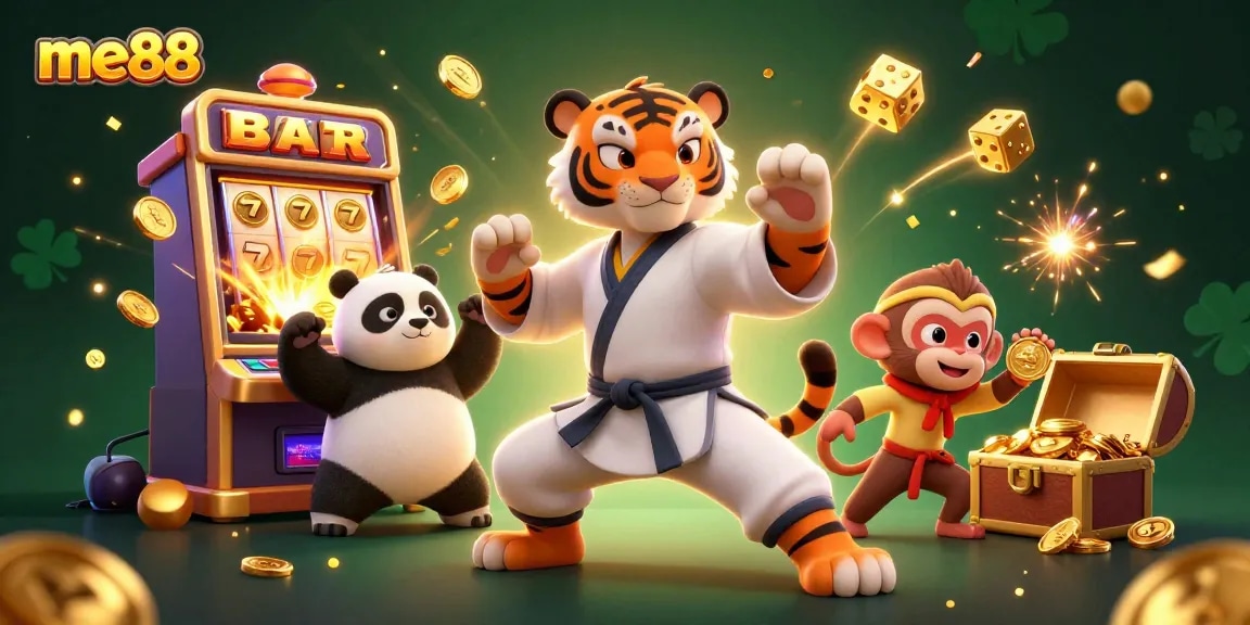 Experience the excitement of me88 as a kung fu tiger and friends create a jackpot explosion in a vibrant casino.