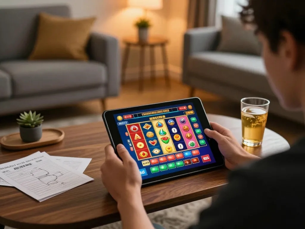 Experience online casino gameplay with vegasslot77 on a tablet in a cozy home setting.