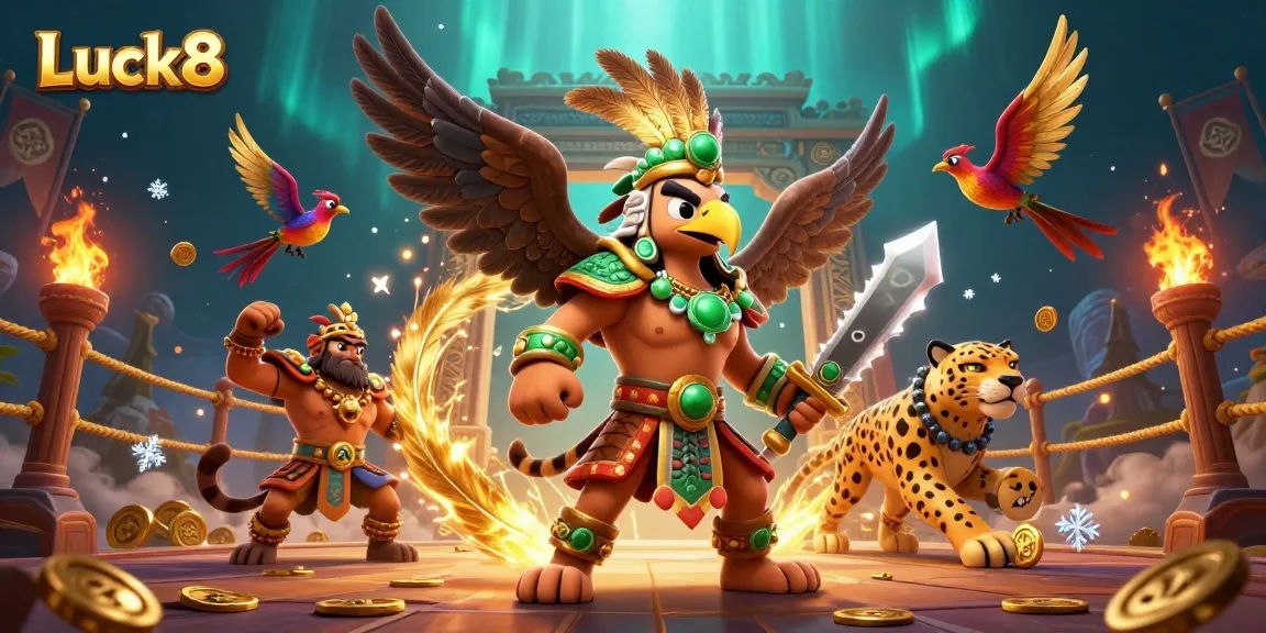 Experience thrilling gameplay at Luck8 with a dynamic 3D scene of warriors among dazzling casino tokens.