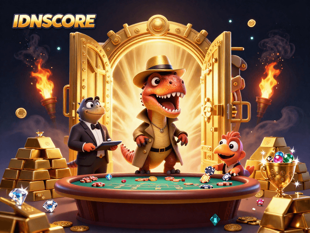 IDNSCORE gaming scene with a velociraptor at the blackjack table and treasure chests filled with gems.