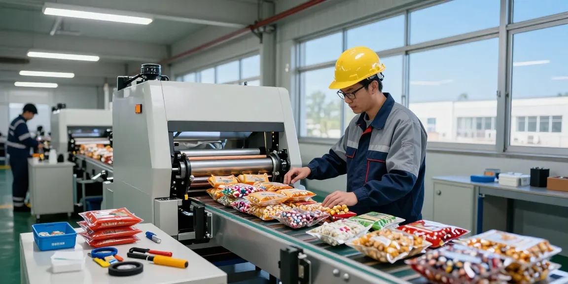 Flow wrapper machine packaging snacks in an industrial factory setting, showcasing efficiency and precision in machine operation.