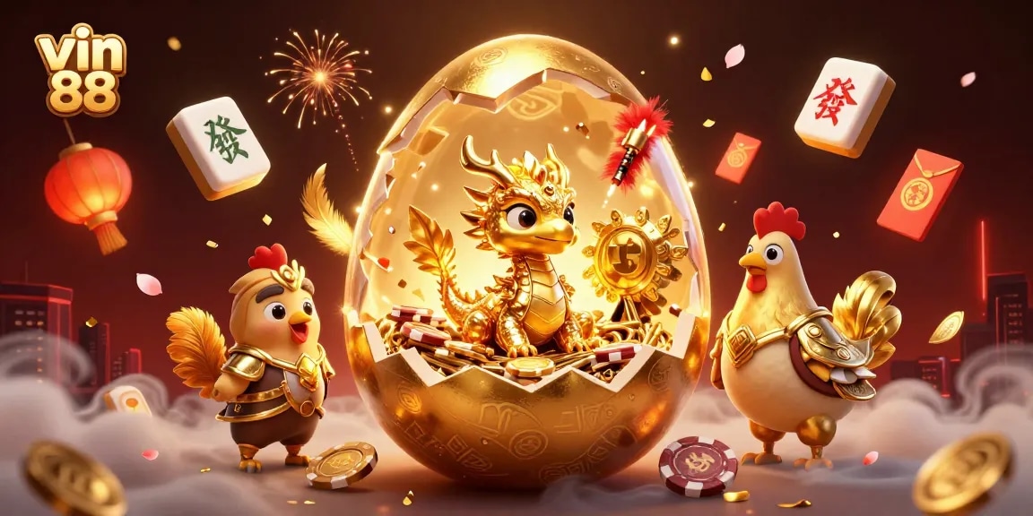 Experience victory with vin 88 as the golden dragon nests on poker chips amidst festive decorations.