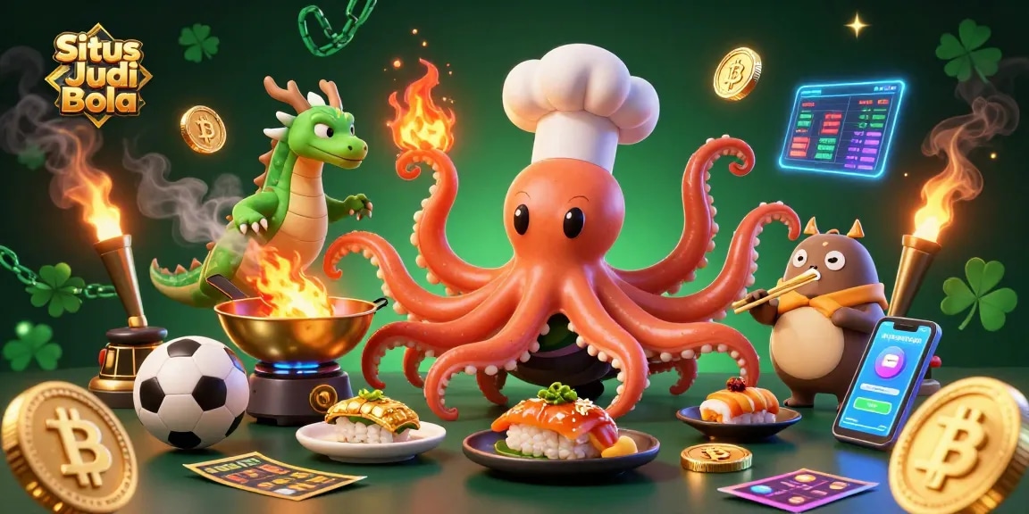 Situs Judi Bola sports betting scene with a cartoon octopus chef, dragon, and tanuki, surrounded by vibrant crypto elements.