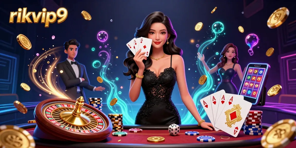 Experience the thrill of rikvip9 online casino with a stunning 3D illustration showcasing a glamorous Asian woman and dynamic casino elements.