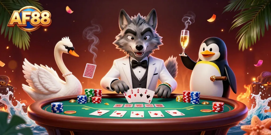 Experience excitement at AF88 with a vibrant scene of a debonair wolf, elegant swan, and penguin sommelier in a lively casino atmosphere.