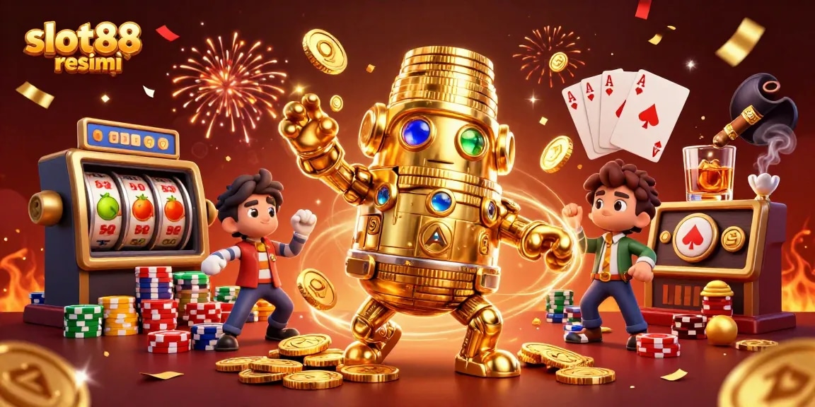Win big with slot88 resmi through a thrilling 3D casino scene filled with vibrant slots and celebrations.