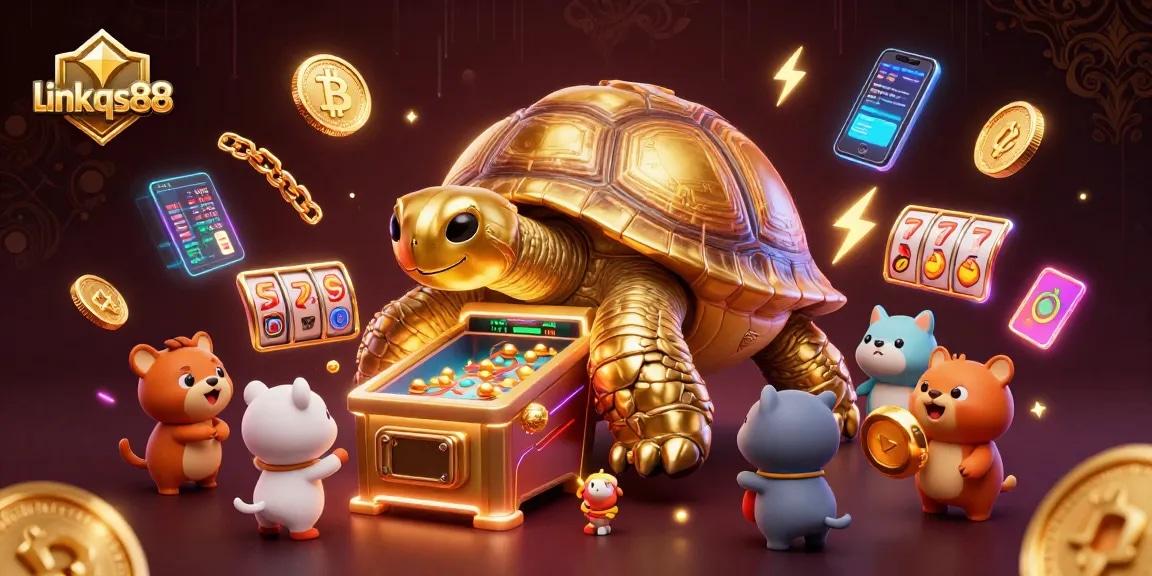 Engage in gaming excitement at link qs88 with a vibrant 3D casino illustration featuring a golden tortoise pinball machine.