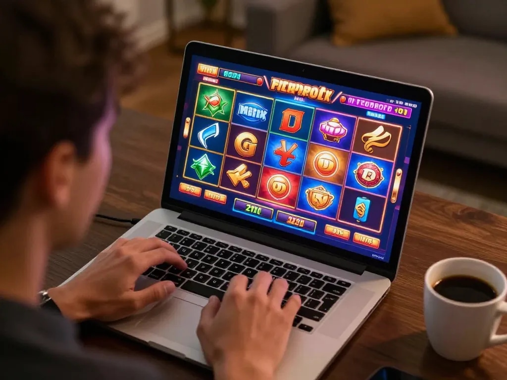Player exploring Slot Luar games on a laptop in a cozy home setting.