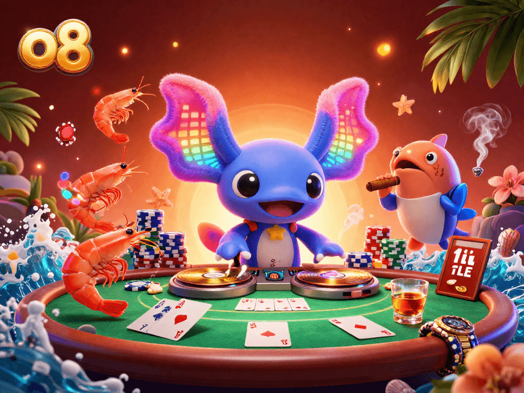 Experience vibrant gaming at o8 while joining a neon axolotl DJ alongside shrimp dancers and poker chips.