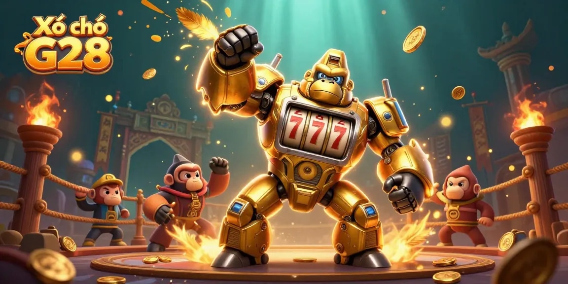 Experience exciting gameplay with Xổ số G28, featuring a golden gorilla mech and vibrant casino elements.